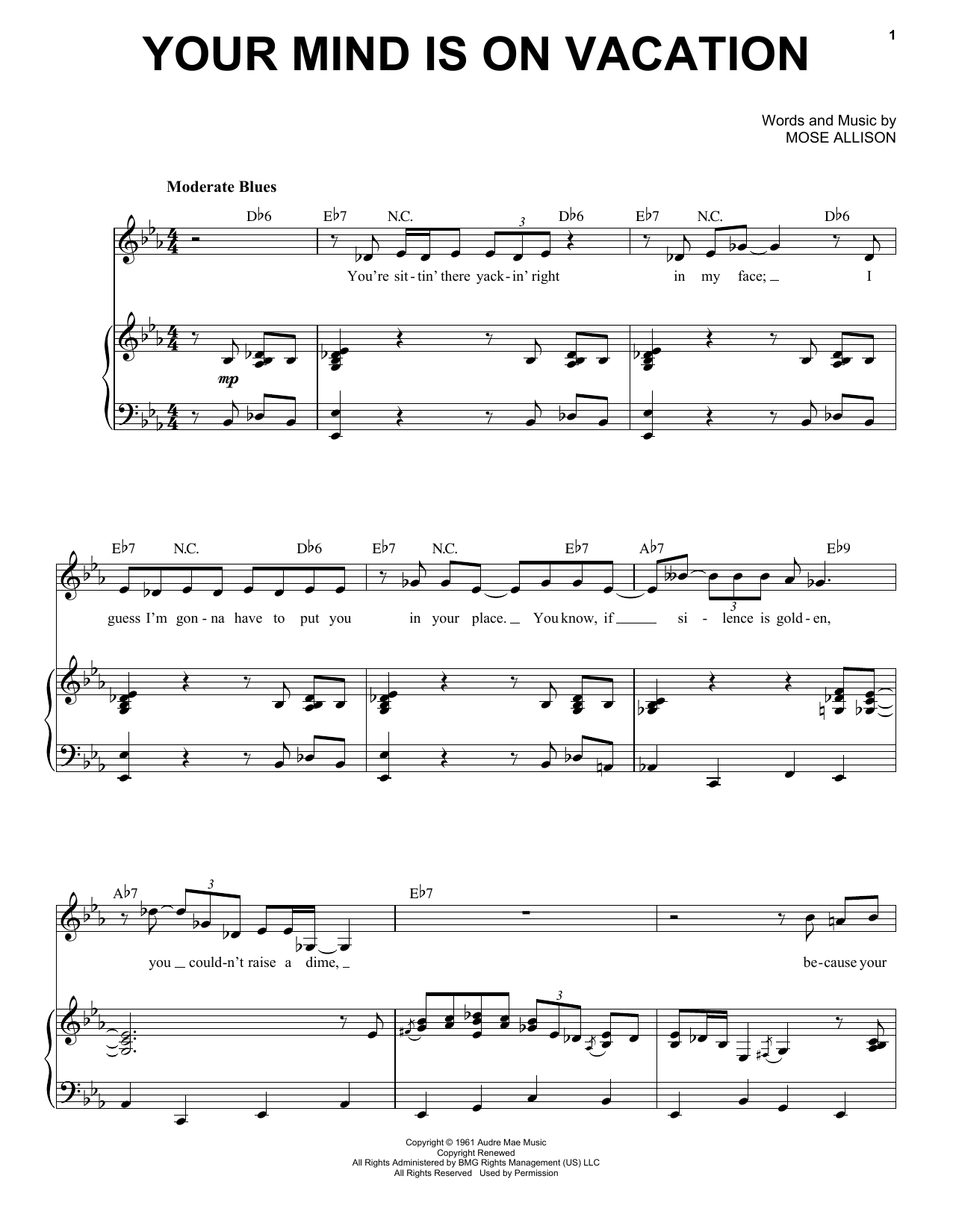 Mose Allison Your Mind Is On Vacation sheet music notes and chords. Download Printable PDF.