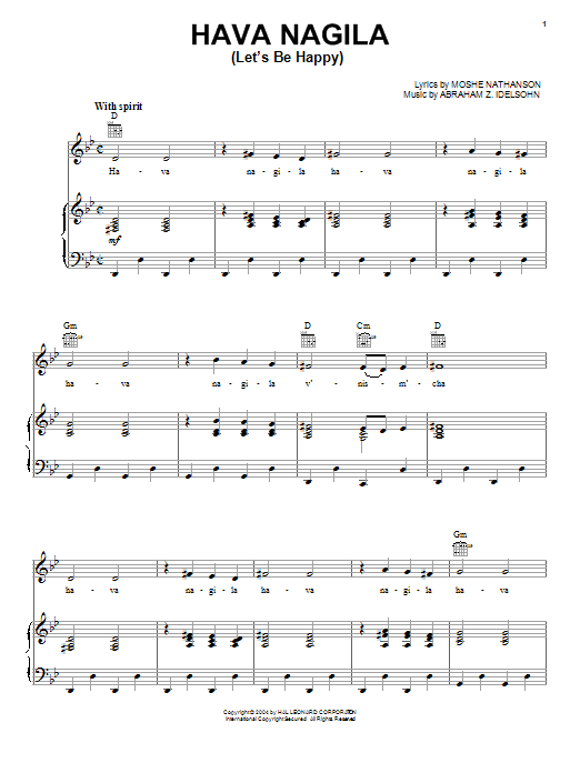 Moshe Nathanson Hava Nagila (Let's Be Happy) sheet music notes and chords. Download Printable PDF.