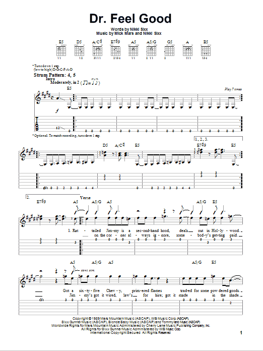 Motley Crue Dr. Feel Good sheet music notes and chords. Download Printable PDF.