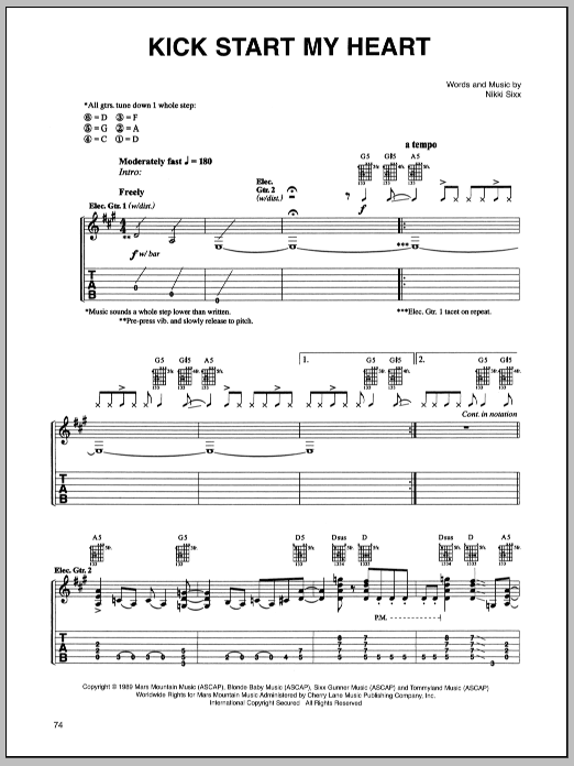 Learn to play Motley Crue Kick Start My Heart sheet music for Guitar Tab in minutes. Price: 7.8900$ Motley Crue Kick Start My Heart sheet music notes and chords arranged for Guitar Tab
