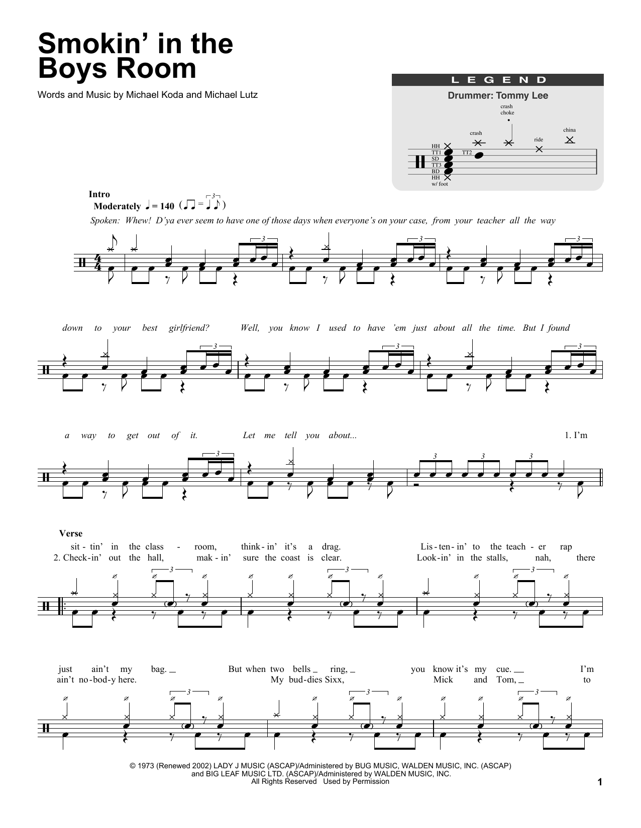 Motley Crue Smokin' In The Boys Room sheet music notes and chords. Download Printable PDF.