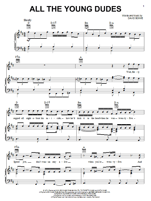 Mott The Hoople All The Young Dudes sheet music notes and chords. Download Printable PDF.