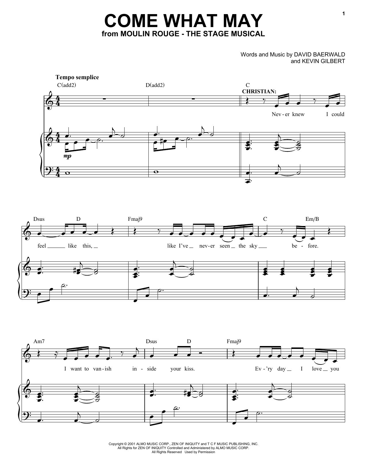 Moulin Rouge! The Musical Cast Come What May (from Moulin Rouge! The Musical) sheet music notes and chords. Download Printable PDF.