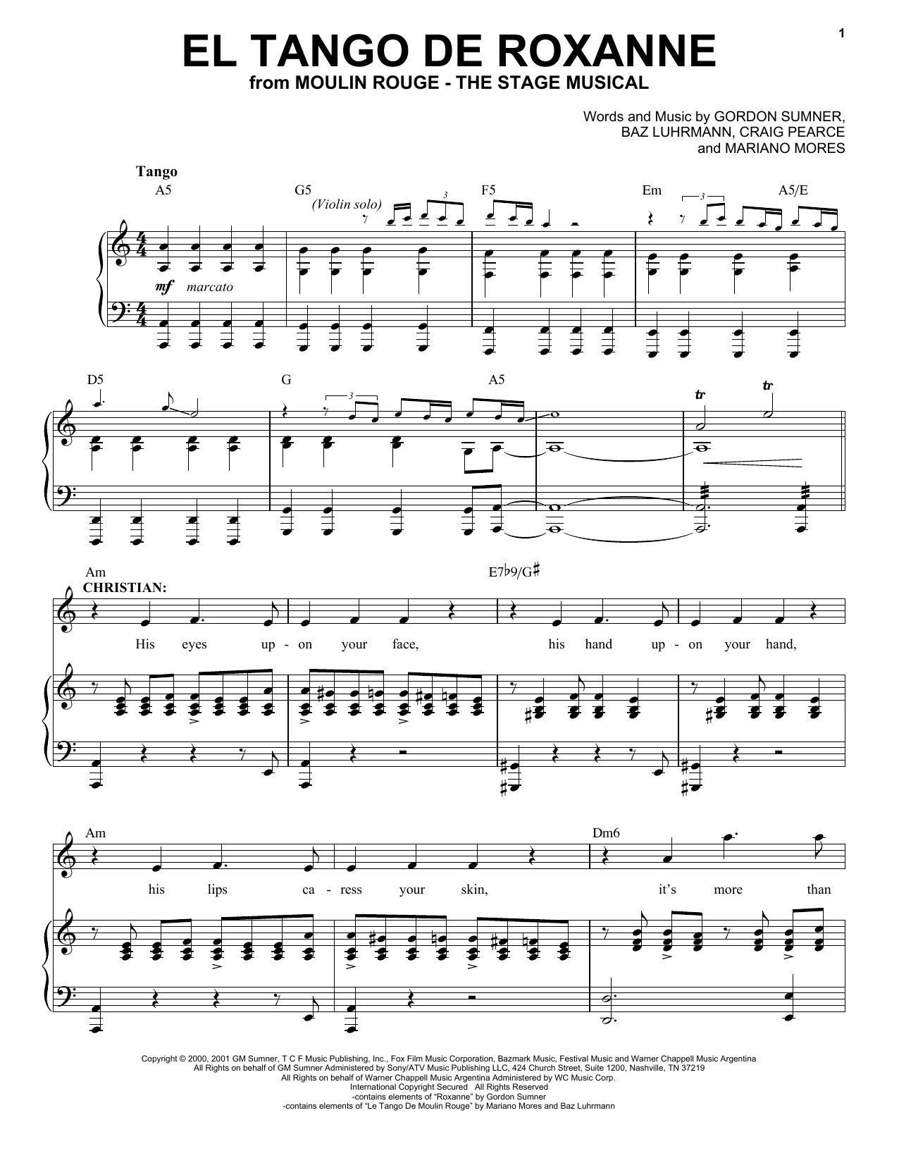 Moulin Rouge! The Musical Cast El Tango De Roxanne (from Moulin Rouge! The Musical) sheet music notes and chords. Download Printable PDF.