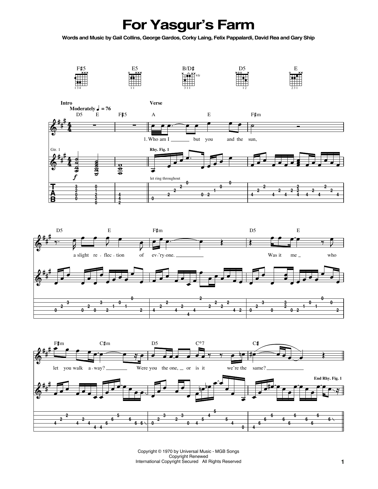 Mountain For Yasgur's Farm sheet music notes and chords arranged for Guitar Tab