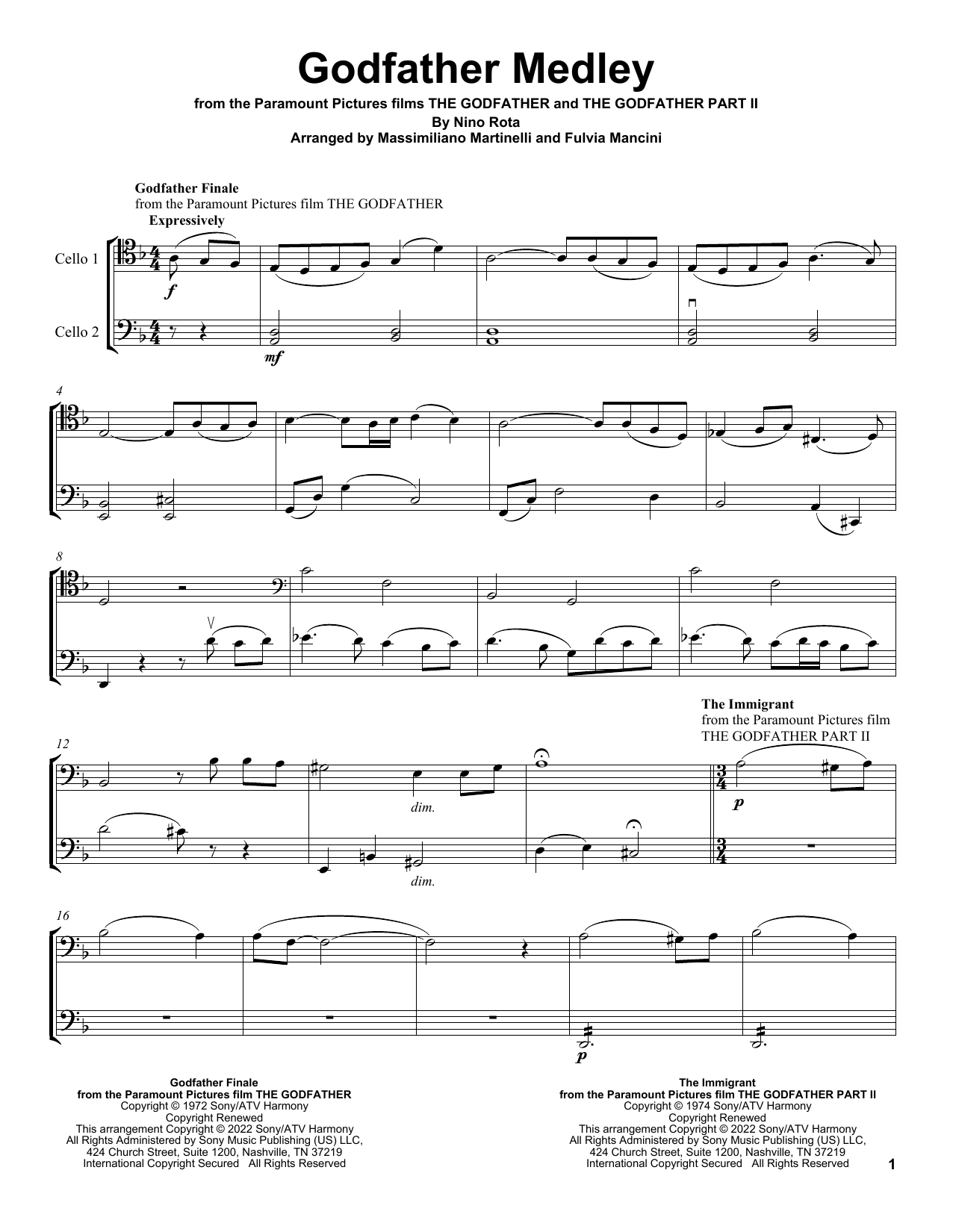 Mr & Mrs Cello The Immigrant (from The Godfather Part II) sheet music notes and chords. Download Printable PDF.