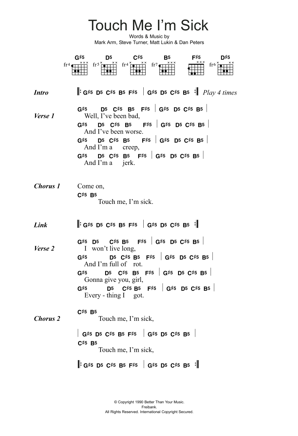 Mudhoney Touch Me I'm Sick sheet music notes and chords. Download Printable PDF.