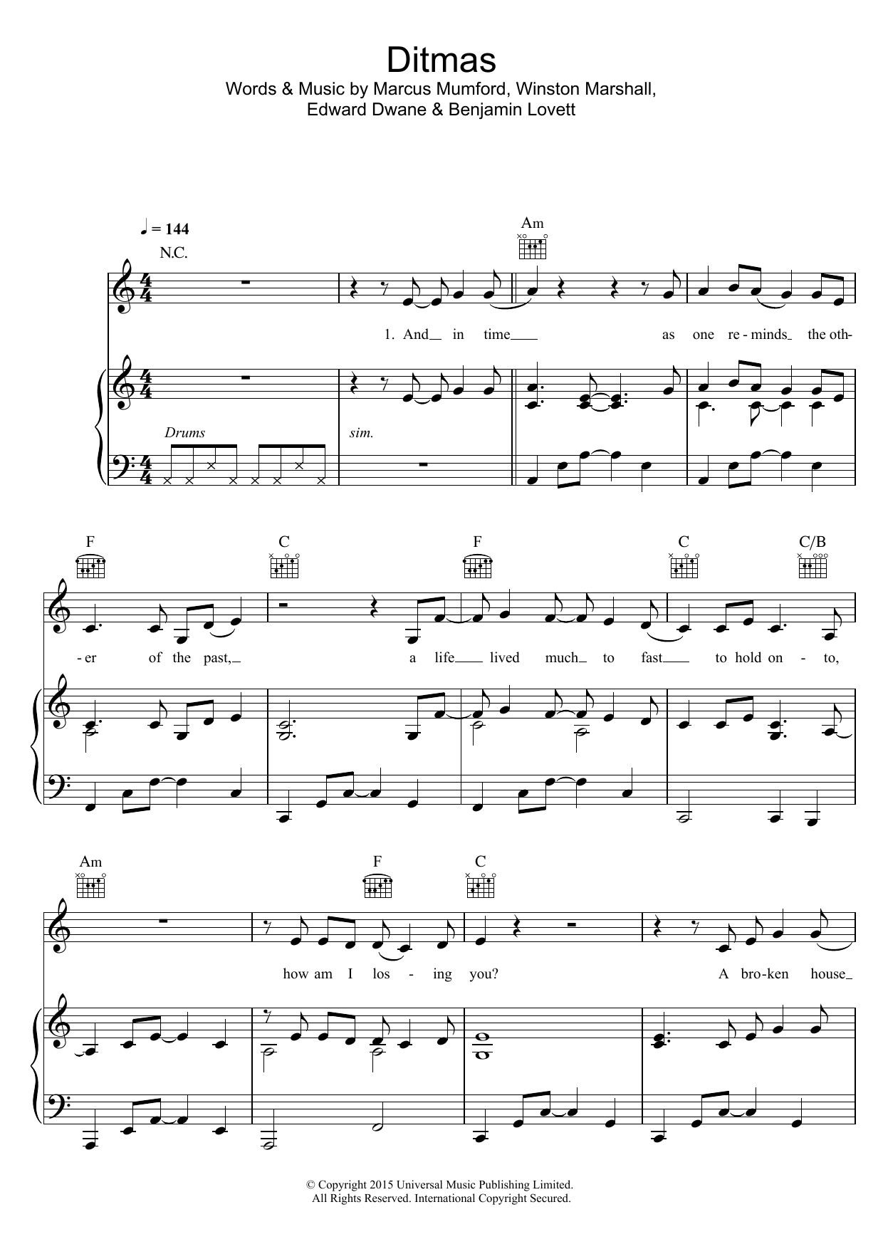 Learn to play Mumford & Sons Ditmas sheet music for Piano, Vocal & Guitar Chords in minutes. Price: 7.8900$ Mumford & Sons Ditmas sheet music notes and chords arranged for Piano, Vocal & Guitar Chords