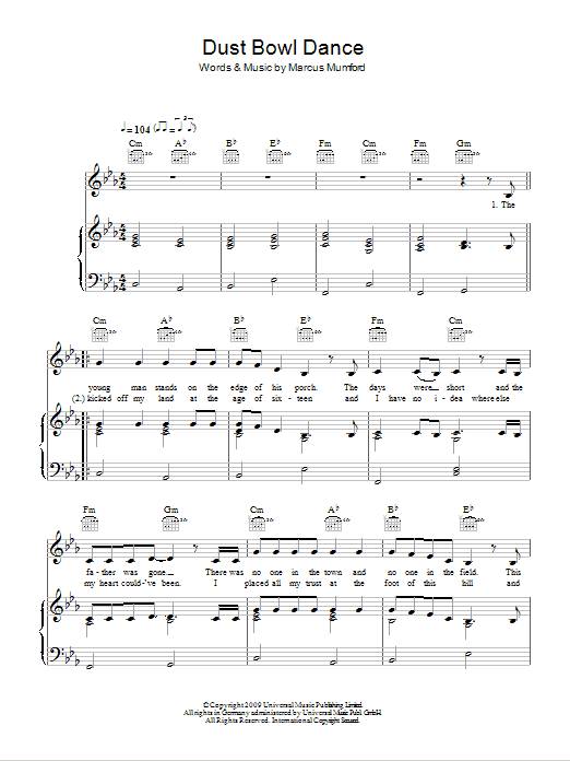 Mumford & Sons Dust Bowl Dance sheet music notes and chords arranged for Piano, Vocal & Guitar Chords