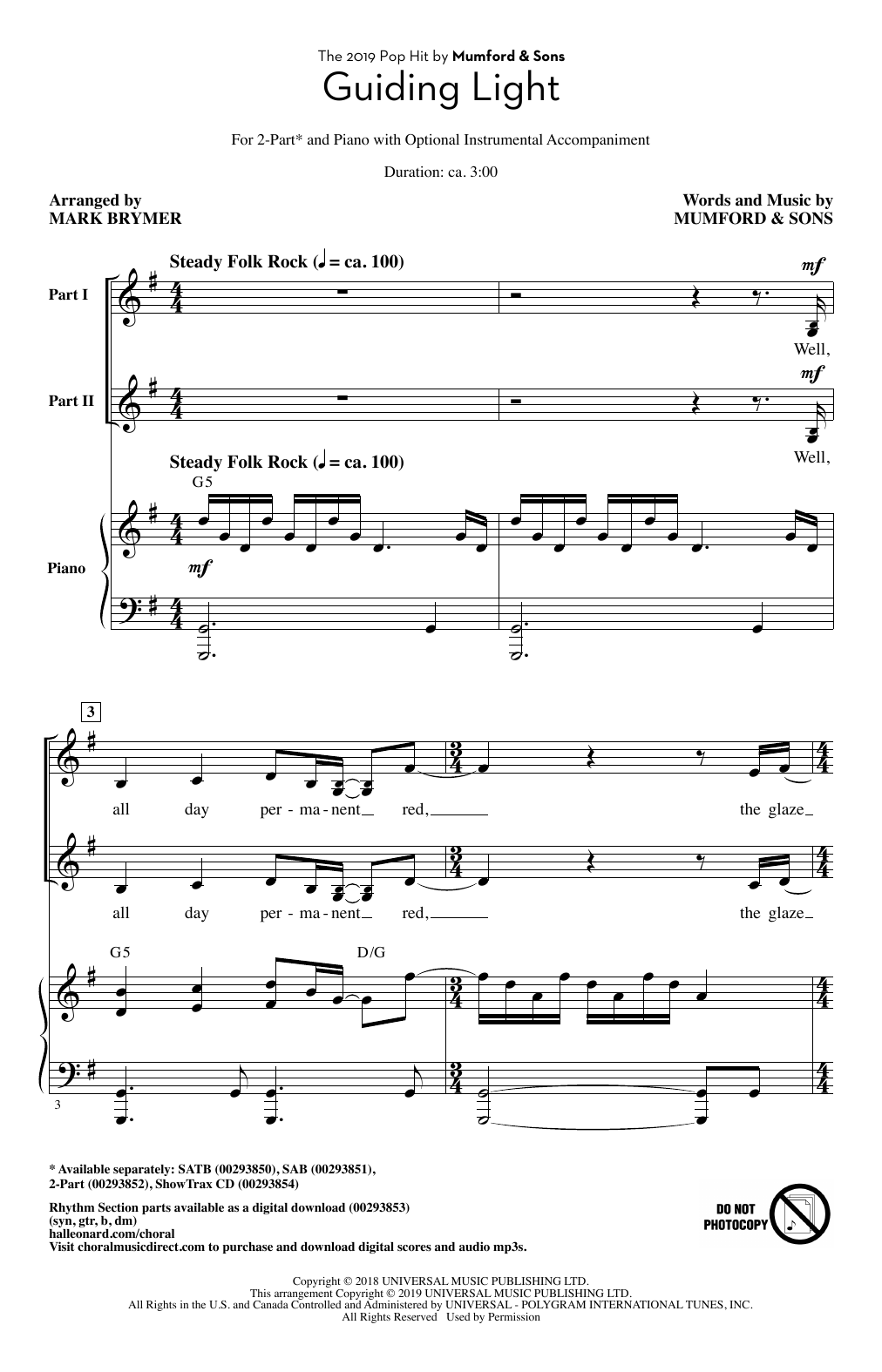 Mumford & Sons Guiding Light (arr. Mark Brymer) sheet music notes and chords. Download Printable PDF.