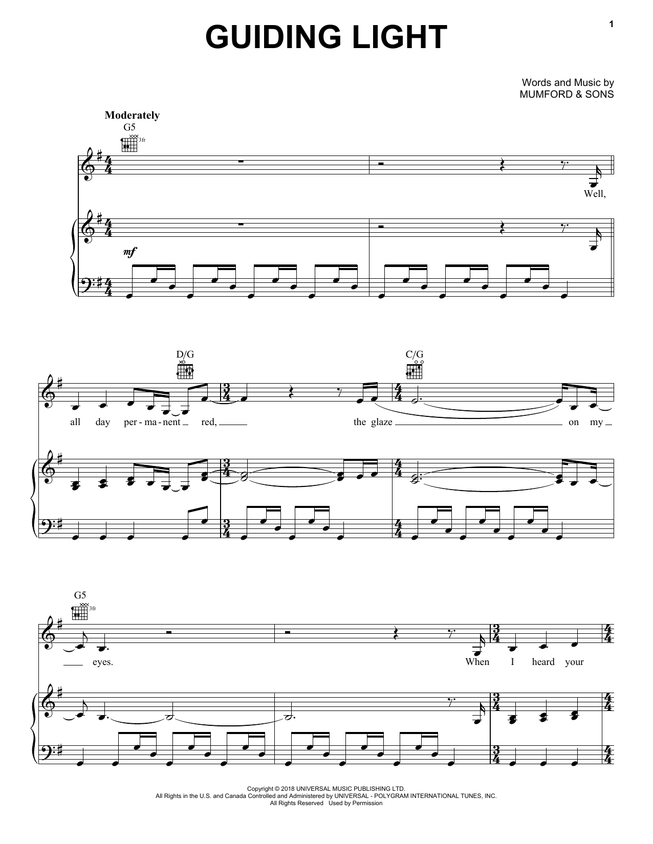 Mumford & Sons Guiding Light sheet music notes and chords. Download Printable PDF.