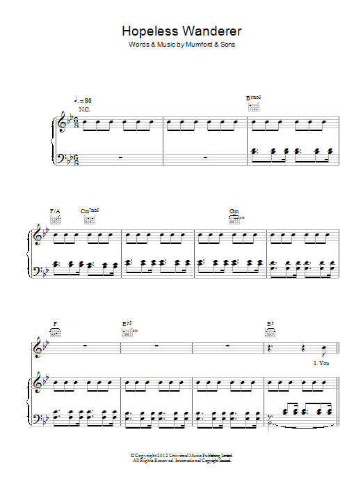 Mumford & Sons Hopeless Wanderer sheet music notes and chords. Download Printable PDF.