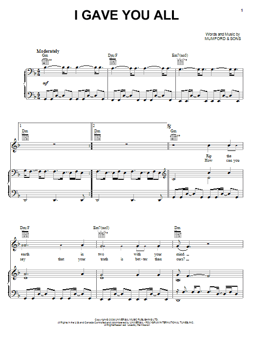 Mumford & Sons I Gave You All sheet music notes and chords arranged for Piano, Vocal & Guitar Chords