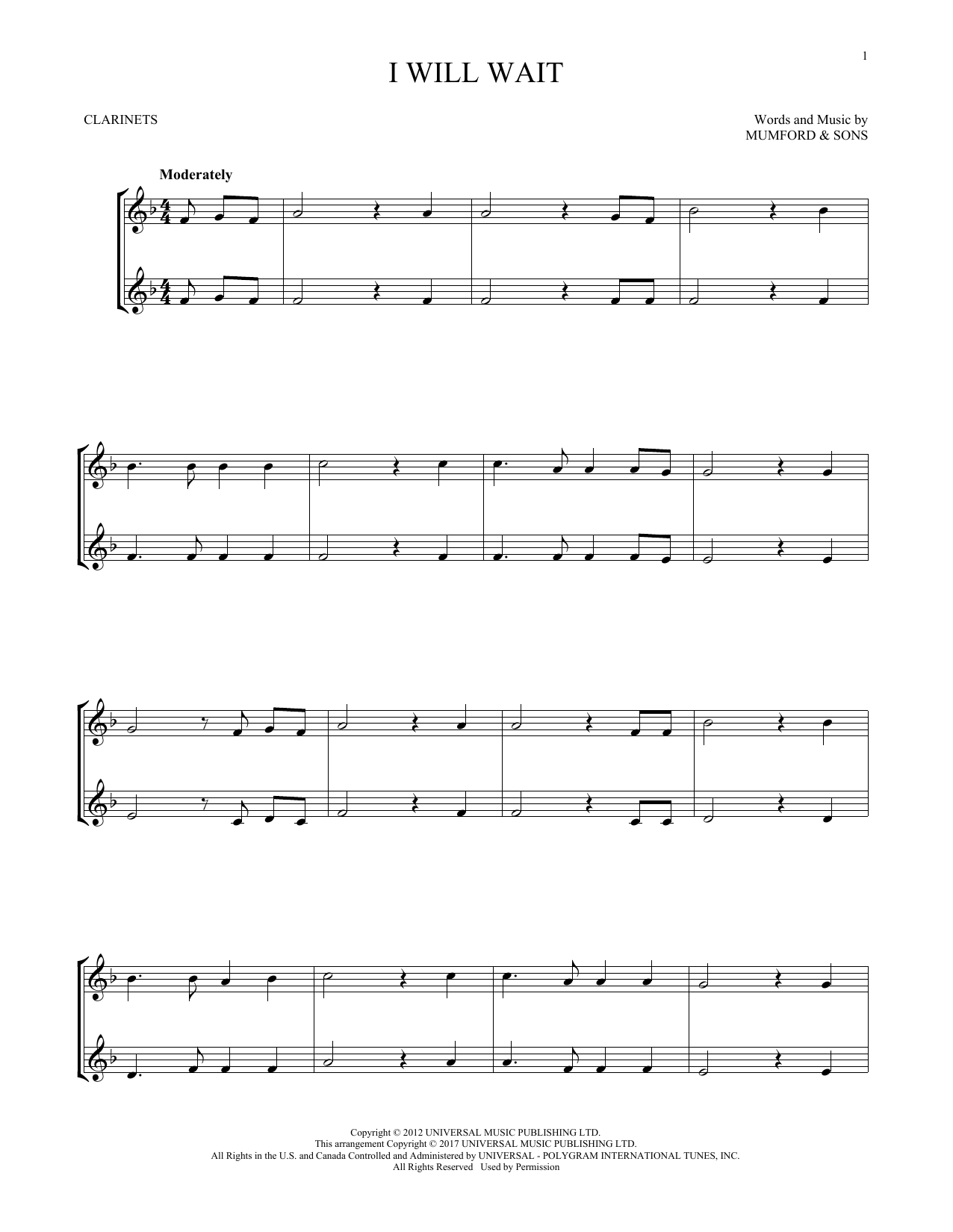 Mumford & Sons I Will Wait sheet music notes and chords. Download Printable PDF.