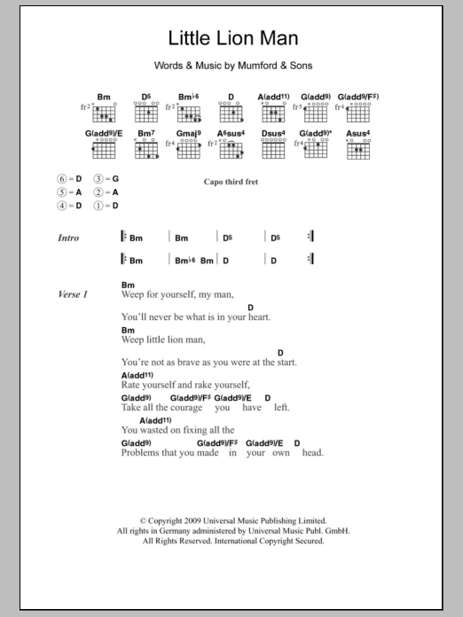 Mumford & Sons Little Lion Man sheet music notes and chords. Download Printable PDF.