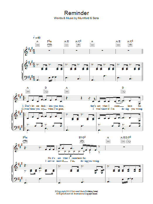 Mumford & Sons Reminder sheet music notes and chords arranged for Piano, Vocal & Guitar Chords
