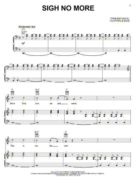 Mumford & Sons Sigh No More sheet music notes and chords arranged for Piano, Vocal & Guitar Chords