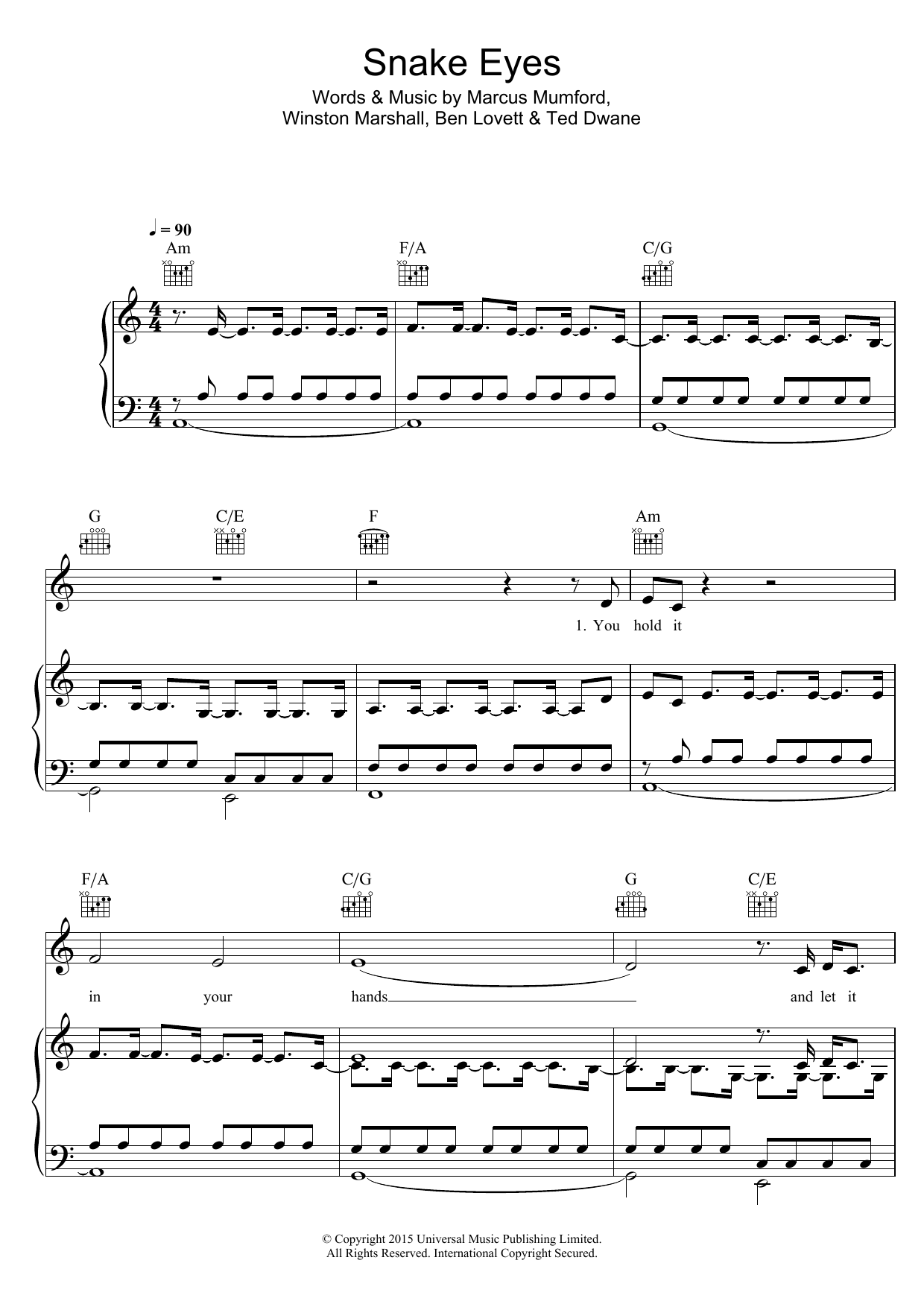 Learn to play Mumford & Sons Snake Eyes sheet music for Piano, Vocal & Guitar Chords in minutes. Price: 7.8900$ Mumford & Sons Snake Eyes sheet music notes and chords arranged for Piano, Vocal & Guitar Chords