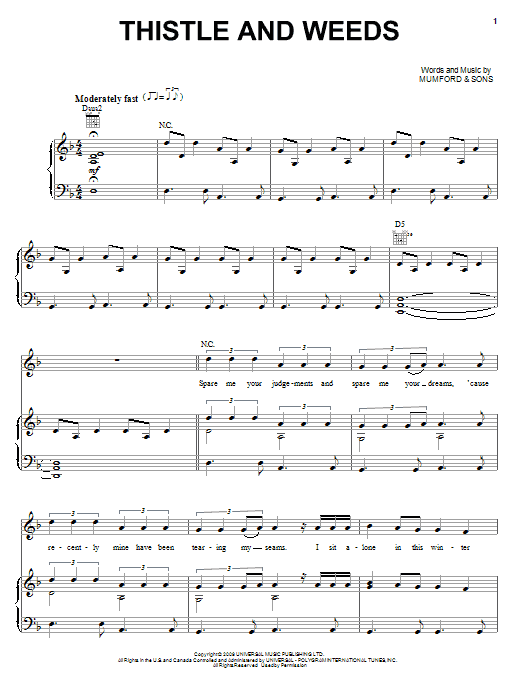 Mumford & Sons Thistle & Weeds sheet music notes and chords arranged for Piano, Vocal & Guitar Chords