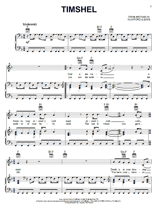 Mumford & Sons Timshel sheet music notes and chords arranged for Piano, Vocal & Guitar Chords