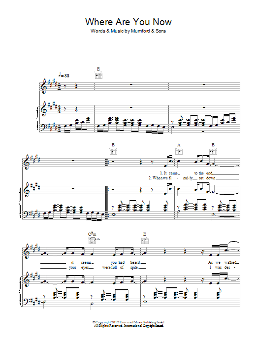 Learn to play Mumford & Sons Where Are You Now sheet music for Piano, Vocal & Guitar Chords in minutes. Price: 7.8900$ Mumford & Sons Where Are You Now sheet music notes and chords arranged for Piano, Vocal & Guitar Chords