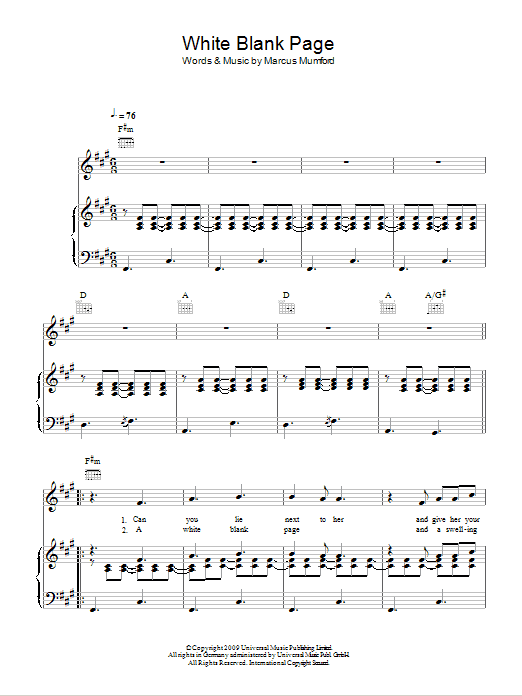 Mumford & Sons White Blank Page sheet music notes and chords arranged for Piano, Vocal & Guitar Chords