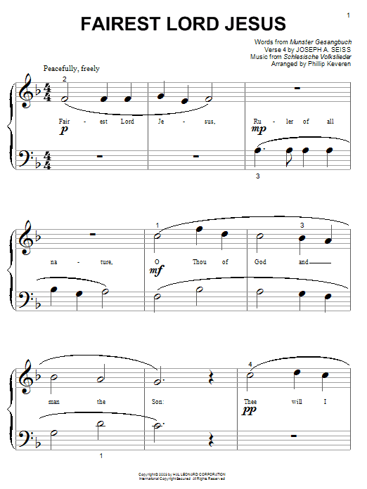 Munster Gesangbuch Fairest Lord Jesus sheet music notes and chords arranged for Big Note Piano