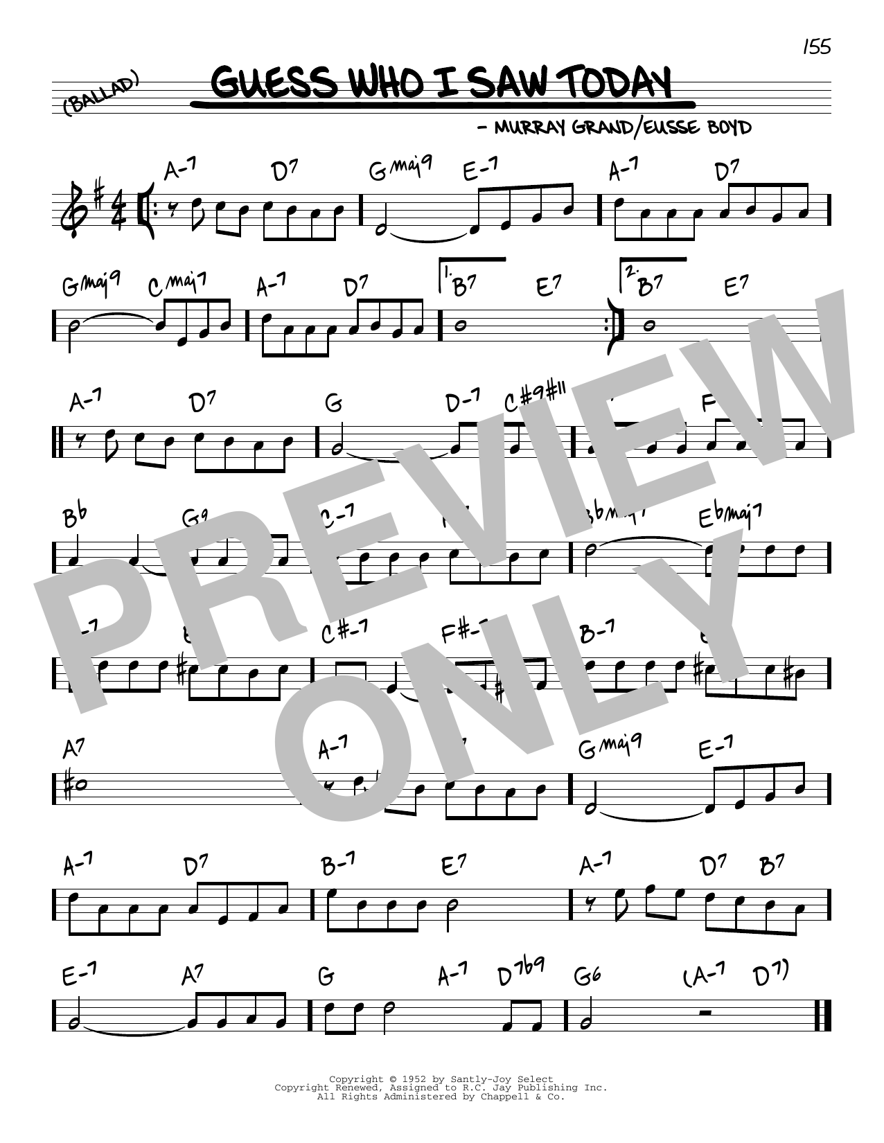 Learn to play Murray Gr Guess Who I Saw Today sheet music for Real Book – Melody & Chords in minutes. Price: 5.9900$ Murray Gr Guess Who I Saw Today sheet music notes and chords arranged for Real Book – Melody & Chords