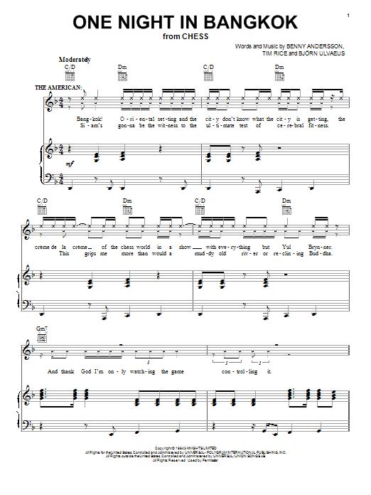 Learn to play Murray Head One Night In Bangkok sheet music for Piano, Vocal & Guitar Chords (Right-Hand Melody) in minutes. Price: 7.8900$ Murray Head One Night In Bangkok sheet music notes and chords arranged for Piano, Vocal & Guitar Chords (Right-Hand Melody)