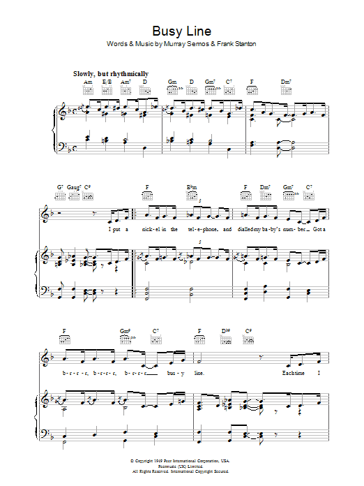 Murray Semos Busy Line sheet music notes and chords arranged for Piano, Vocal & Guitar Chords