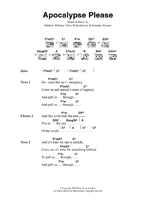 Muse Apocalypse Please sheet music notes and chords. Download Printable PDF.