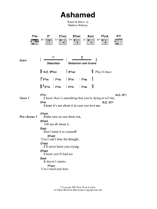 Muse Ashamed sheet music notes and chords. Download Printable PDF.