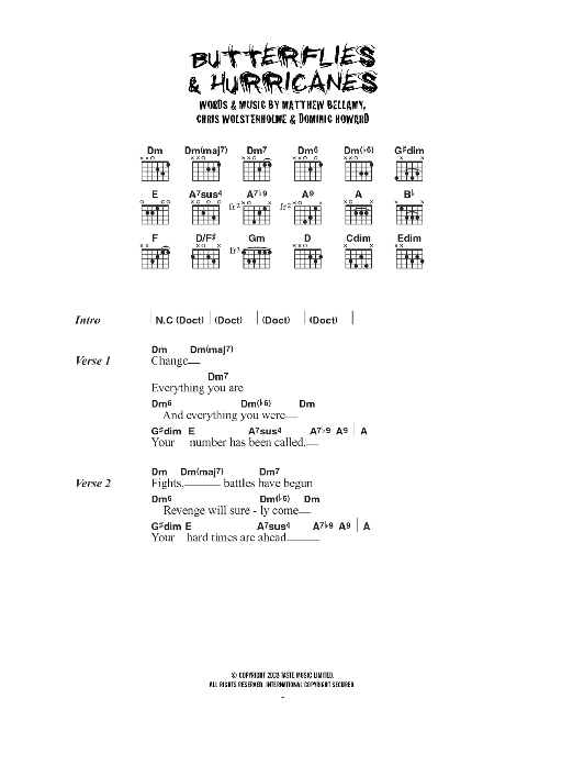 Muse Butterflies And Hurricanes sheet music notes and chords. Download Printable PDF.