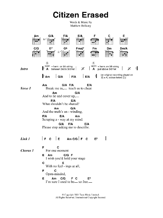 Muse Citizen Erased sheet music notes and chords. Download Printable PDF.