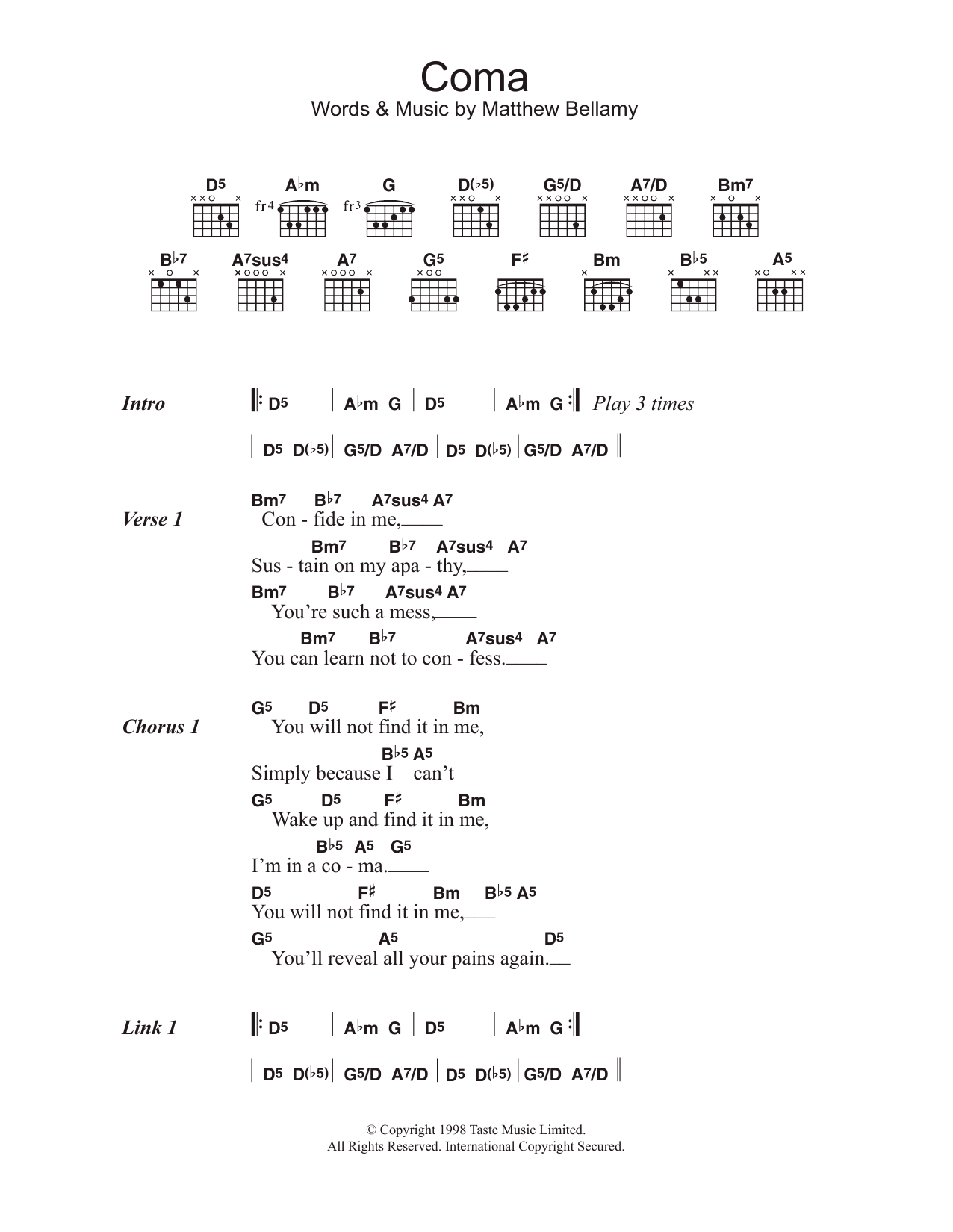 Muse Coma sheet music notes and chords. Download Printable PDF.