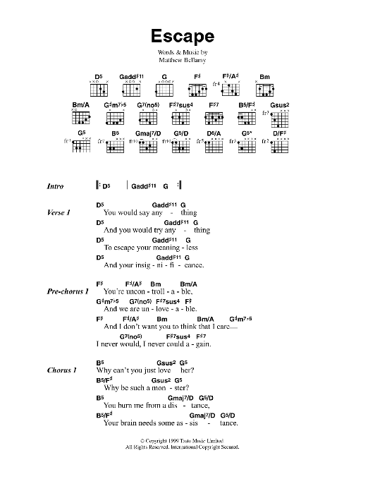 Muse Escape sheet music notes and chords. Download Printable PDF.