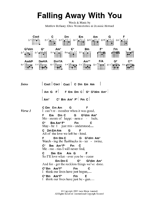 Muse Falling Away With You sheet music notes and chords. Download Printable PDF.