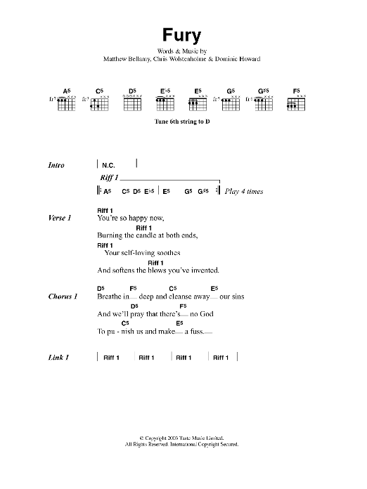 Muse Fury sheet music notes and chords. Download Printable PDF.