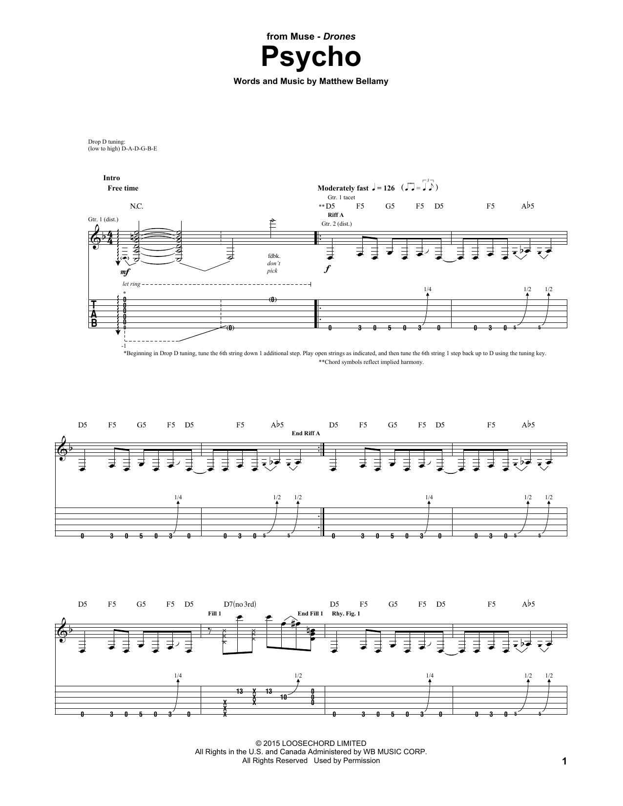 Muse Psycho sheet music notes and chords. Download Printable PDF.