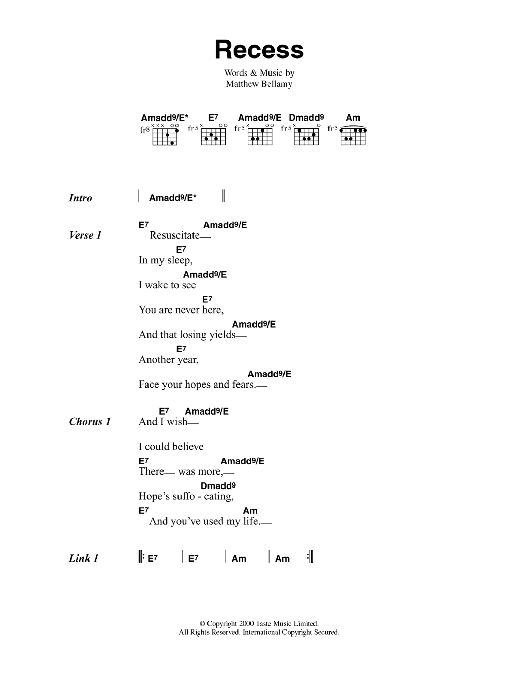 Muse Recess sheet music notes and chords. Download Printable PDF.