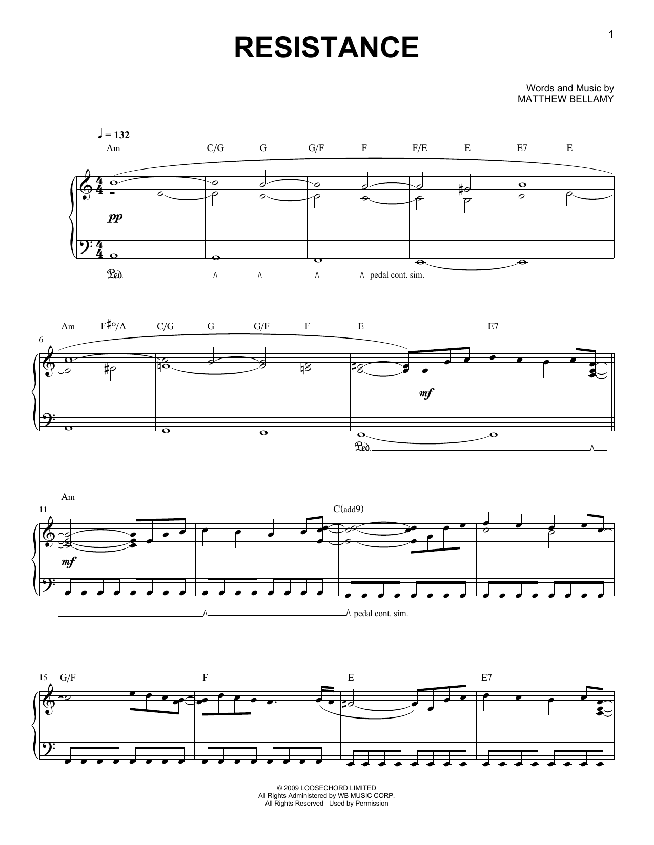 Muse Resistance sheet music notes and chords arranged for Easy Piano