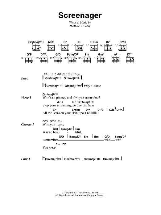 Muse Screenager sheet music notes and chords. Download Printable PDF.