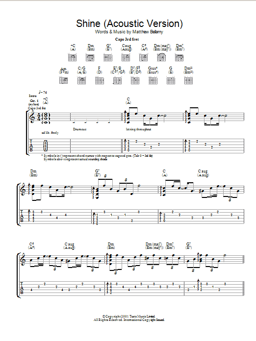 Learn to play Muse Shine sheet music for Guitar Tab in minutes. Price: 7.8900$ Muse Shine sheet music notes and chords arranged for Guitar Tab