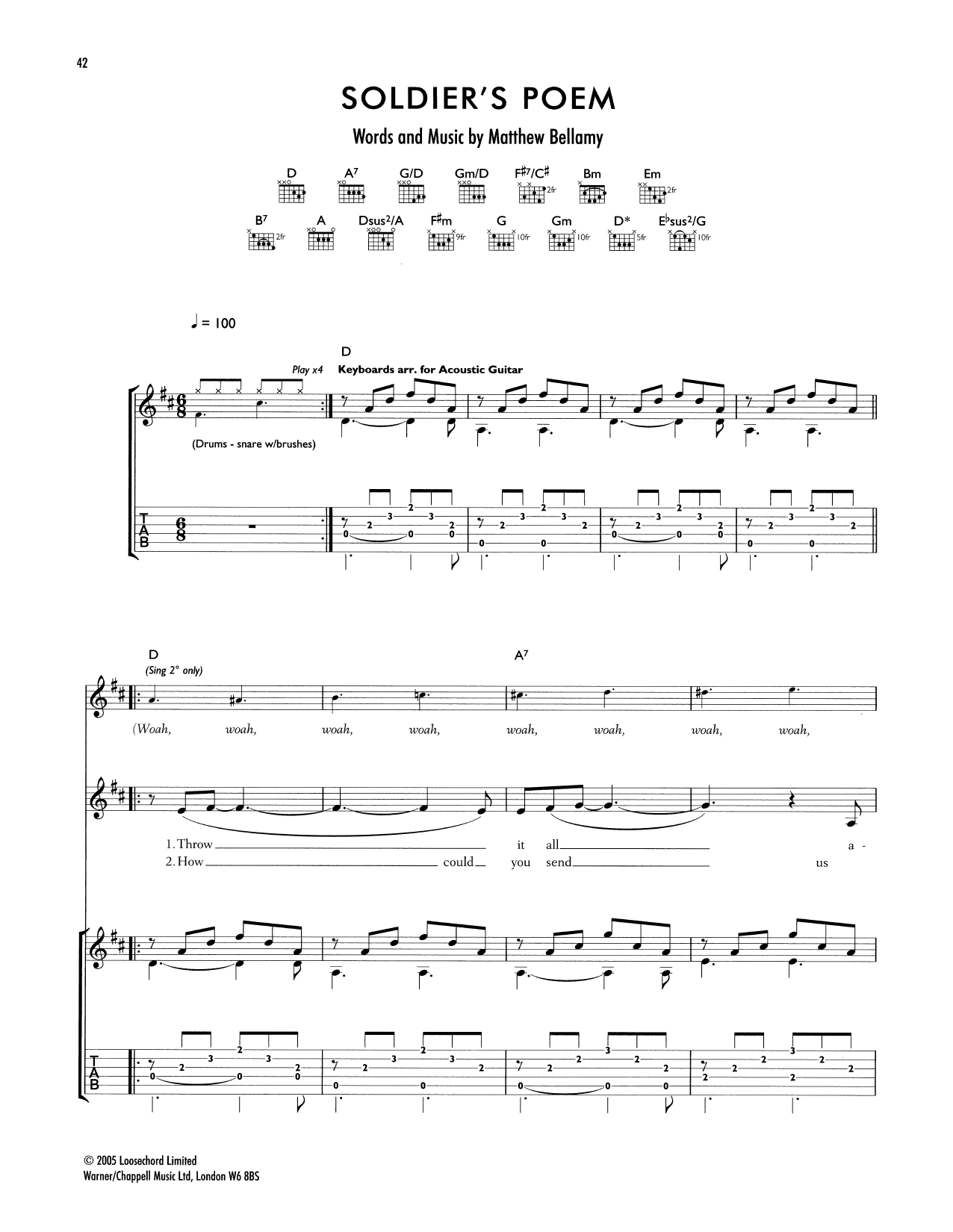 Learn to play Muse Soldier's Poem sheet music for Guitar Tab in minutes. Price: 7.8900$ Muse Soldier's Poem sheet music notes and chords arranged for Guitar Tab