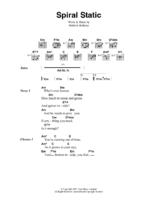 Muse Spiral Static sheet music notes and chords. Download Printable PDF.