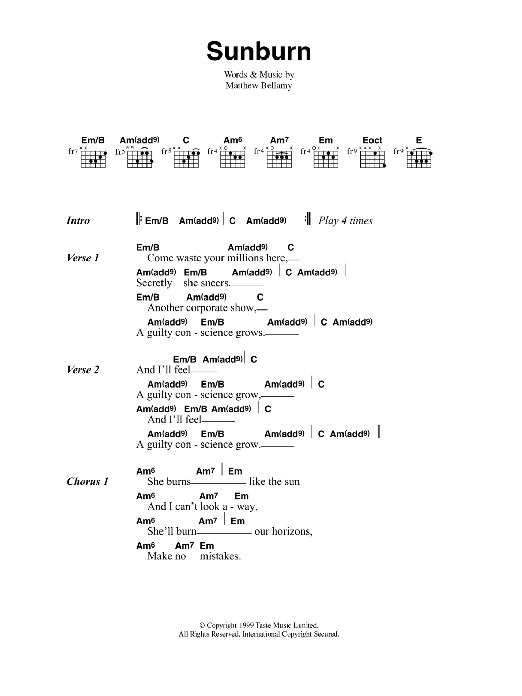 Muse Sunburn sheet music notes and chords. Download Printable PDF.