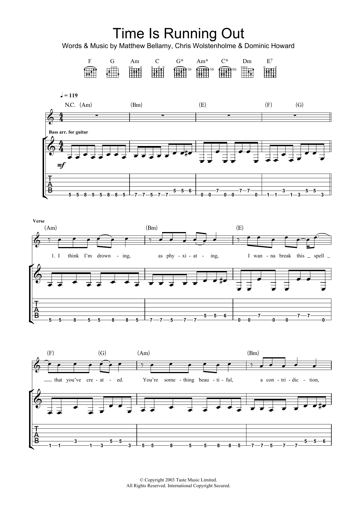 Muse Time Is Running Out sheet music notes and chords. Download Printable PDF.