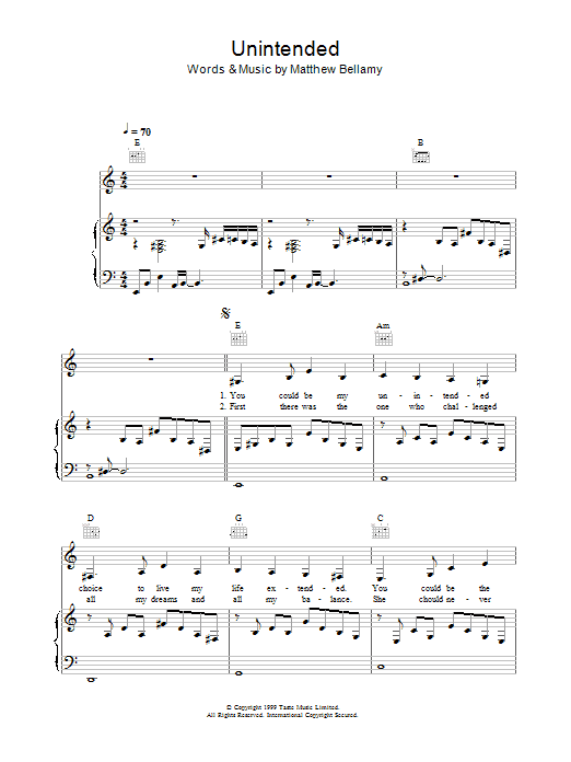 Muse Unintended sheet music notes and chords. Download Printable PDF.