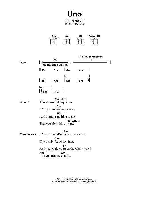 Muse Uno sheet music notes and chords. Download Printable PDF.