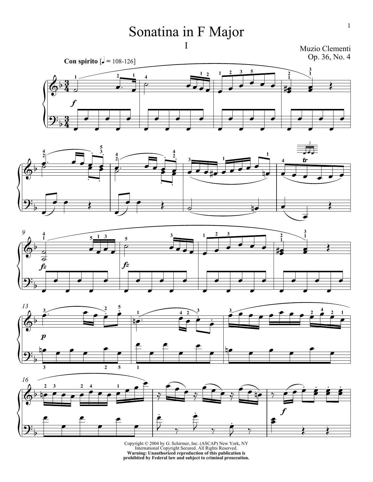 Learn to play Muzio Clementi Sonatina In F Major, Op. 36, No. 4 sheet music for Piano Solo in minutes. Price: 7.8900$ Muzio Clementi Sonatina In F Major, Op. 36, No. 4 sheet music notes and chords arranged for Piano Solo